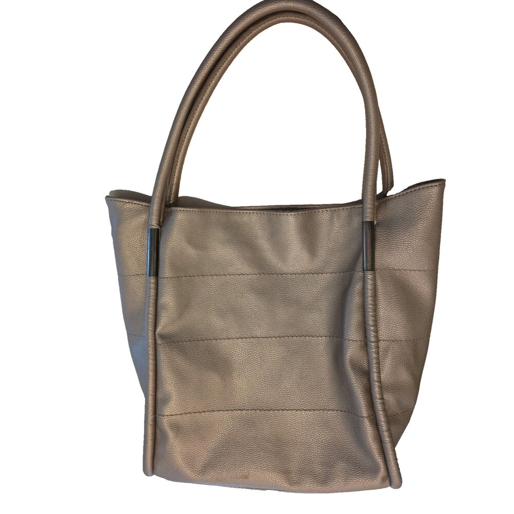 Neiman Marcus Pewter Faux Leather Tote Bag Horizontal Stitching Silver Tone